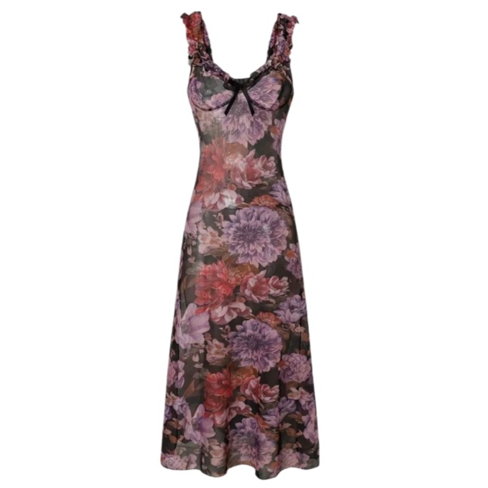 Mesh Floral Peasant Ruffle Sleeve Sweetheart Black & Purple Nightgown Dress S